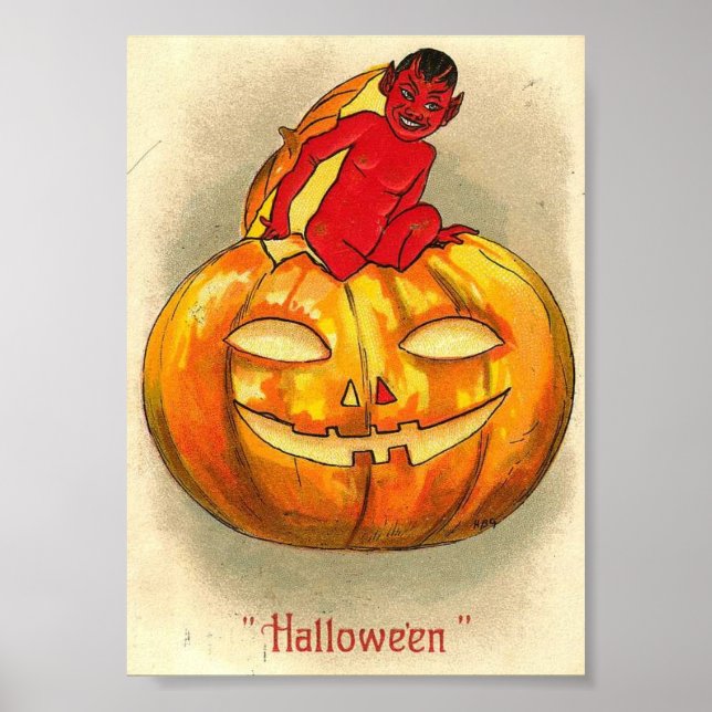 Jack O Lantern Devil Vintage Halloween Art Print (Front)