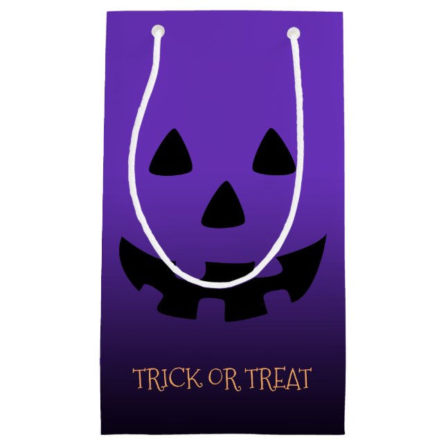 jack o' lantern face on purple small gift bag (Front)