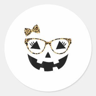 Jack O Lantern Face Pumpkin Halloween Leopard Gles Classic Round Sticker