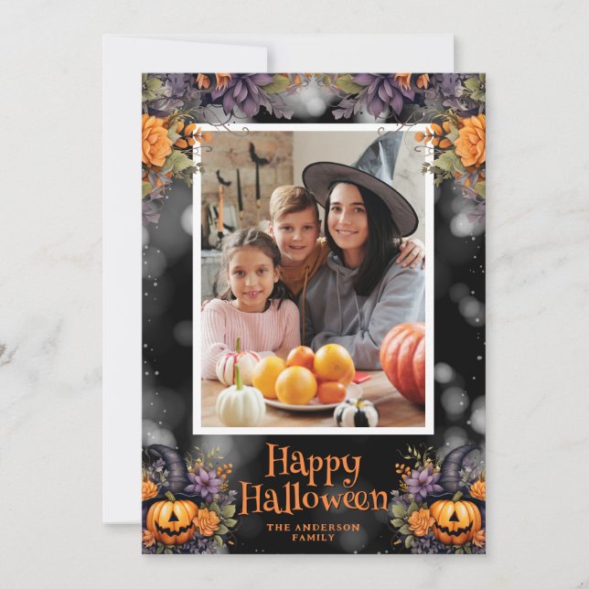 Jack-O'-Lantern Floral Photo Happy Halloween Card (Front)