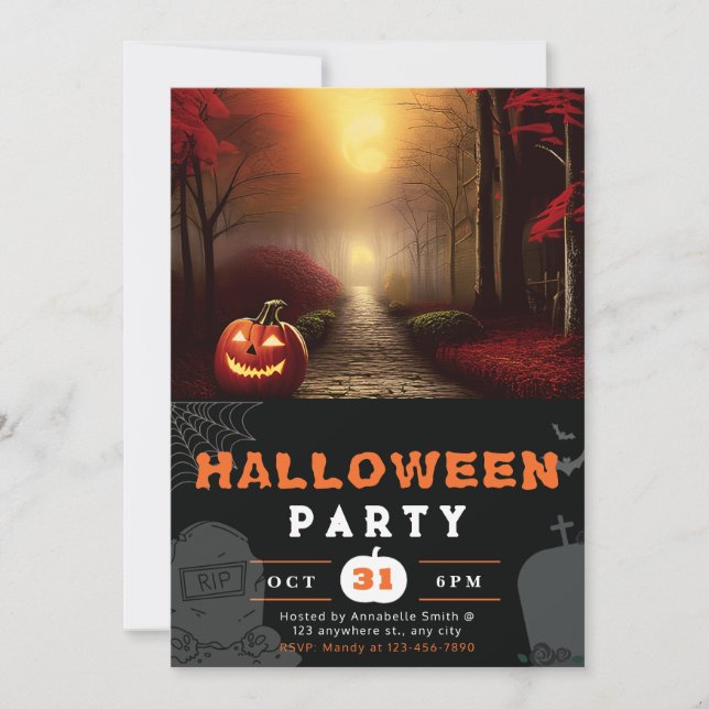 Jack-O' Lantern Forest Path Shadow Black Halloween Invitation (Front)