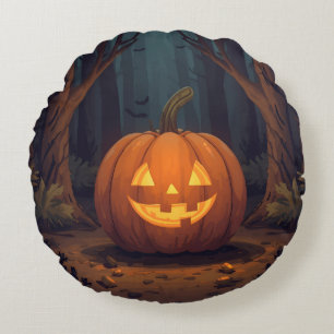 Jack O' Lantern Glowing In The Forest Round Pillow