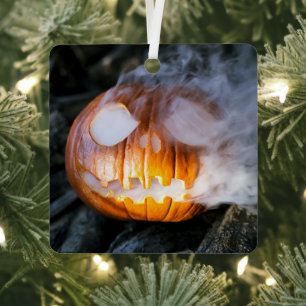 Jack-o-Lantern Halloween Pumpkin Head on Fire  Metal Ornament
