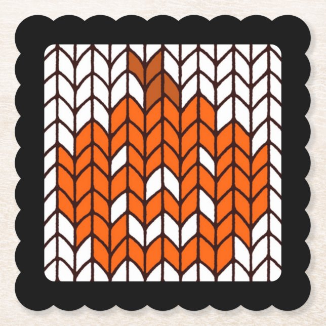 JACK-O-LANTERN KNIT Scalloped Square Paper Coaster (Front)