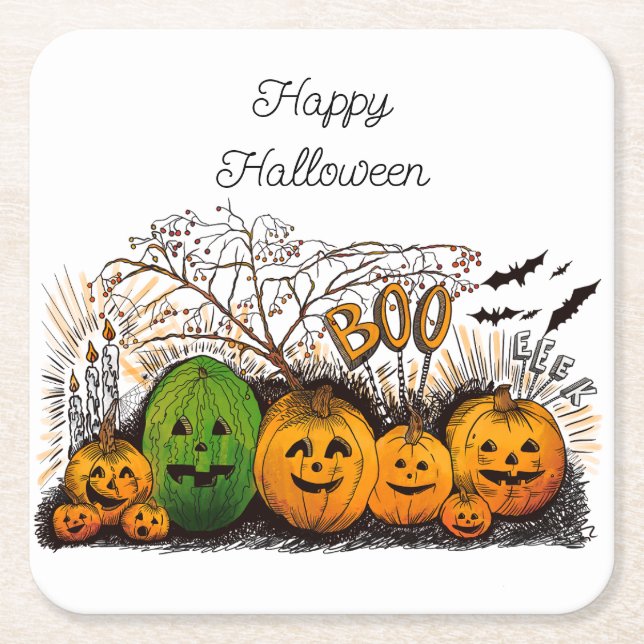 Jack-o-lantern Line-up Cooler Square Paper Coaster (Front)