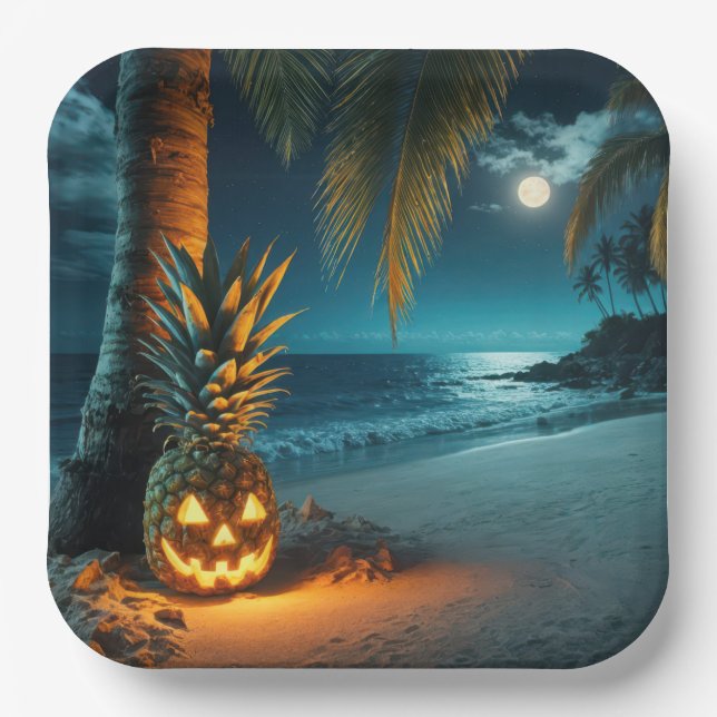 Jack-o-lantern Pineapple On A Beach Paper Plate (Front)