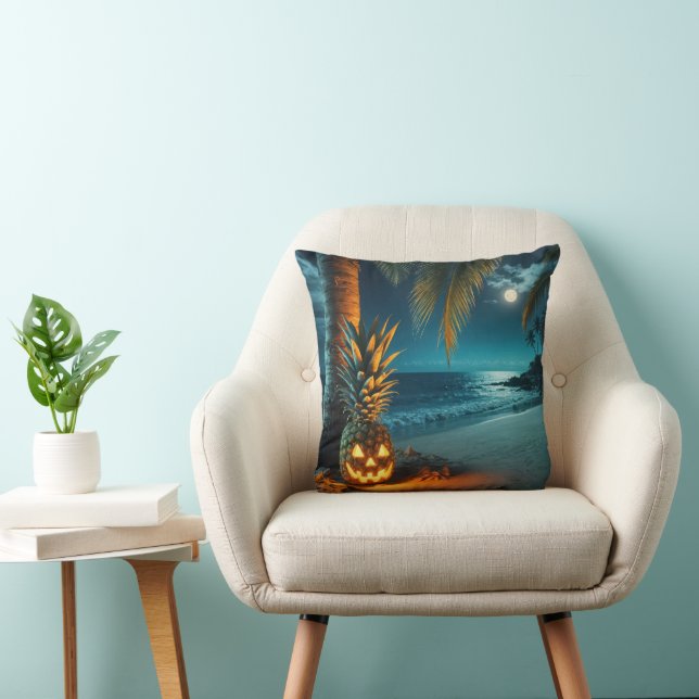 Jack-o-lantern Pineapple On A Beach Throw Pillow (Chair)