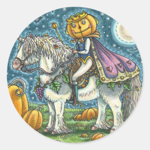 JACK O LANTERN PRINCE ON HIS MAGIC UNICORN PONY CLASSIC ROUND STICKER