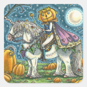 JACK O LANTERN PRINCE ON HIS MAGIC UNICORN PONY SQUARE STICKER