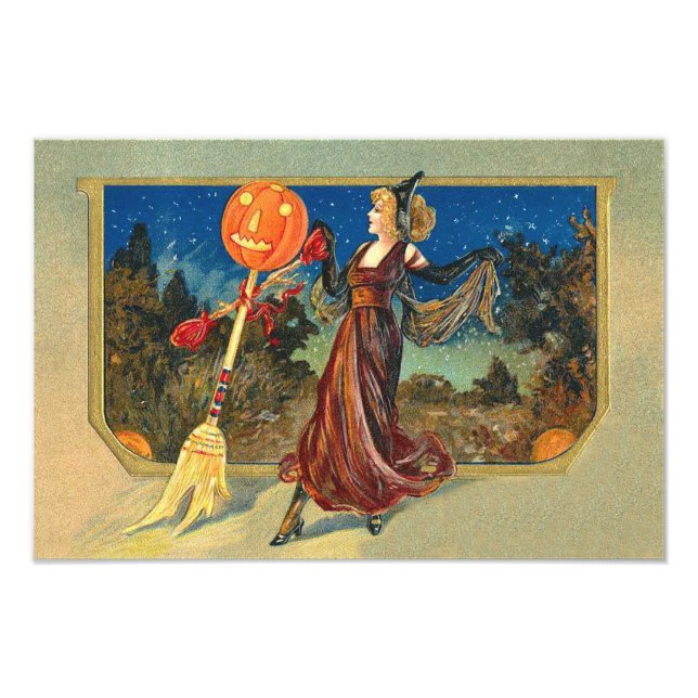 Jack O Lantern Pumpkin Broom Dance Woman Photo Print (Front)