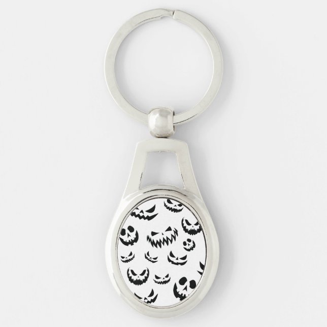 Jack O Lantern Pumpkin Face Black and White Keychain (Front)