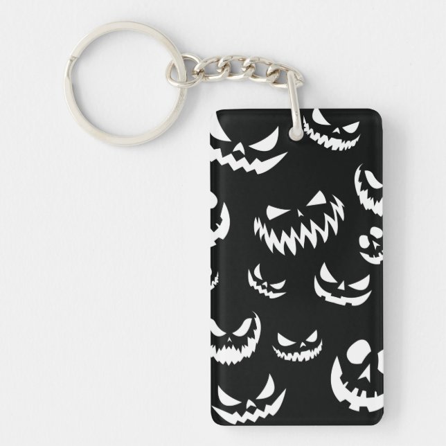 Jack O Lantern Pumpkin Face Black and White Keychain (Front)