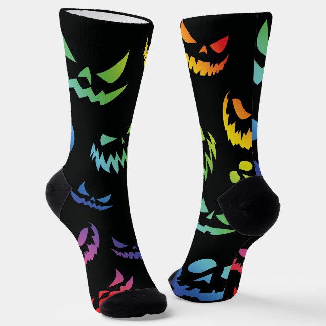 Jack O Lantern Pumpkin Face Black and White Socks (Angled)