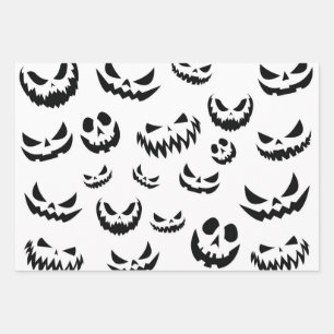 Jack O Lantern Pumpkin Face Black and White Wrapping Paper Sheet