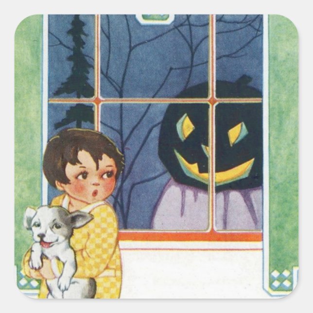 Jack O Lantern Pumpkin Ghost Girl Puppy Square Sticker (Front)