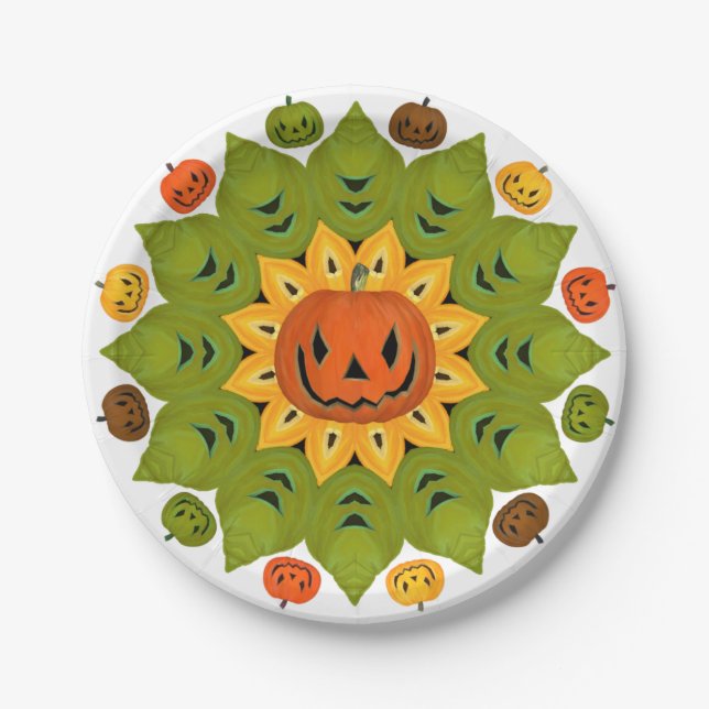 Jack-O-Lantern Pumpkin Halloween Flower Paper Plate (Front)