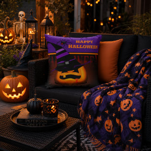  Jack O Lantern Pumpkin Halloween Purple Witch Hat Outdoor Pillow