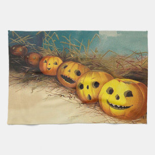 Jack O' Lantern Pumpkin Hay Field Kitchen Towel