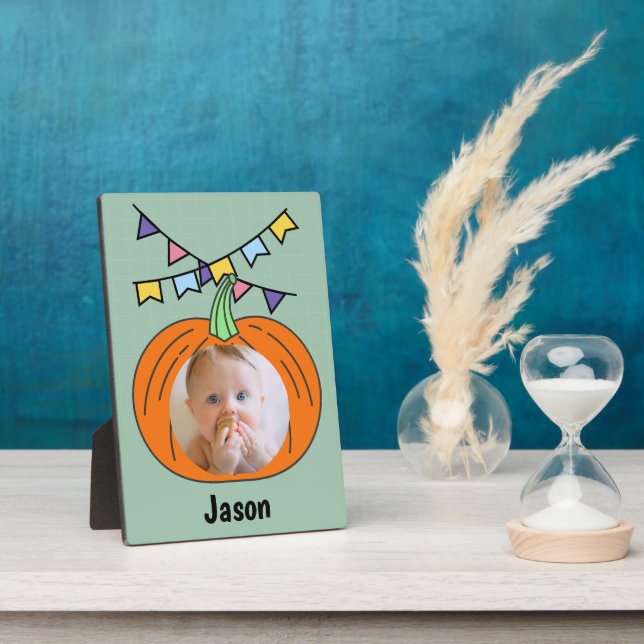 Jack O Lantern Pumpkin Orange Halloween Name Photo Plaque (Side)