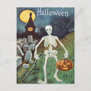 Jack O' Lantern Pumpkin Skeleton Cemetery Postcard