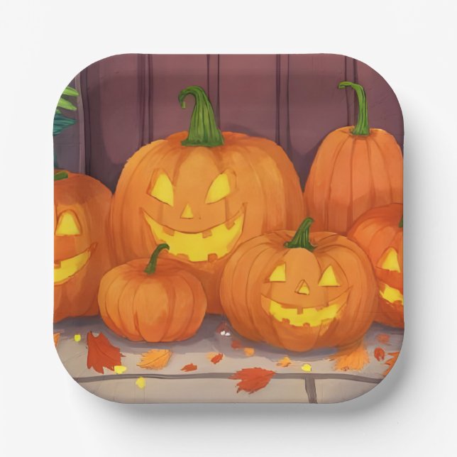 Jack-O-Lantern Pumpkins Halloween Party Paper Plate (Front)