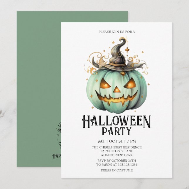 Jack-o-Lantern Spooky Mint Halloween Party Invitation (Front/Back)