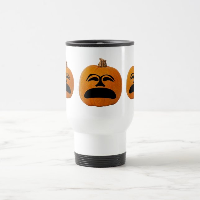 Jack o' Lantern Unhappy Face, Halloween Pumpkin Travel Mug (Center)