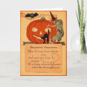 Jack O Lantern Witch Black Cat Bat Vintage Card