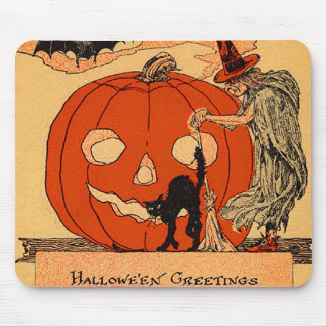Jack O Lantern Witch Black Cat Vintage Halloween Mouse Pad (Front)