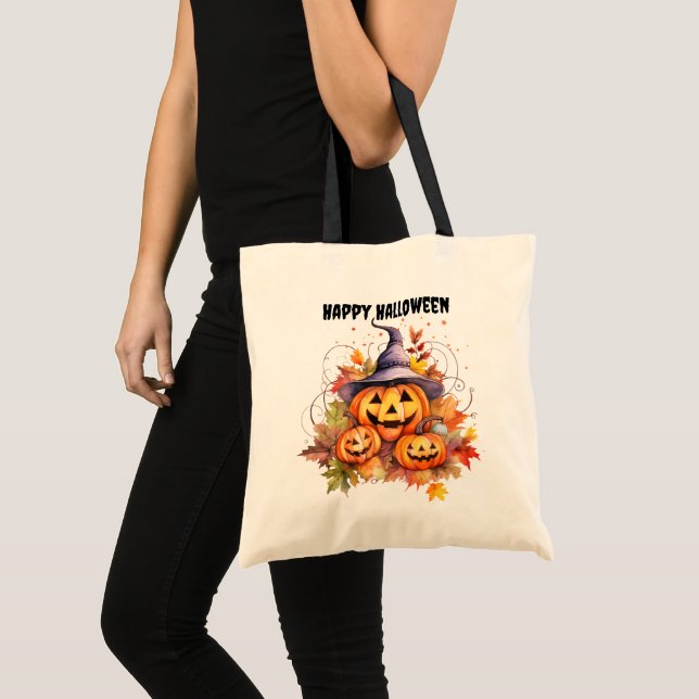Jack o' Lantern Witch Hat Halloween Trick or Treat Tote Bag (Front (Product))