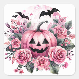 Jack-o-Lantern With Pink Roses and Bats Square Sticker