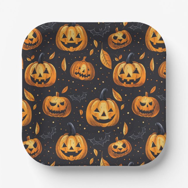 Jack-O-Lanterns and Bats Paper Plate (Front)