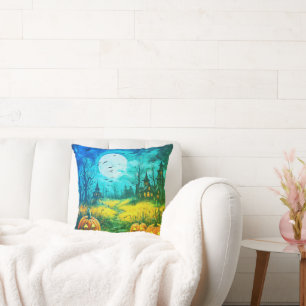 Jack-O' Lanterns and Creepy Houses Moon Halloween Throw Pillow