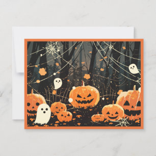 Jack O' Lanterns and Ghosts in Halloween Forest Postcard