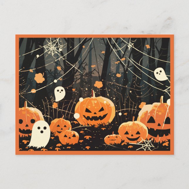 Jack O' Lanterns and Ghosts in Halloween Forest Postcard (Front)