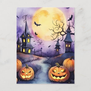 Jack O’Lanterns Bats Moon Cemetery Halloween Night Holiday Postcard