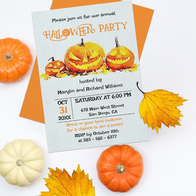 Jack O' Lanterns on Autumn Leaves Halloween Party Invitation (Creator Uploaded)