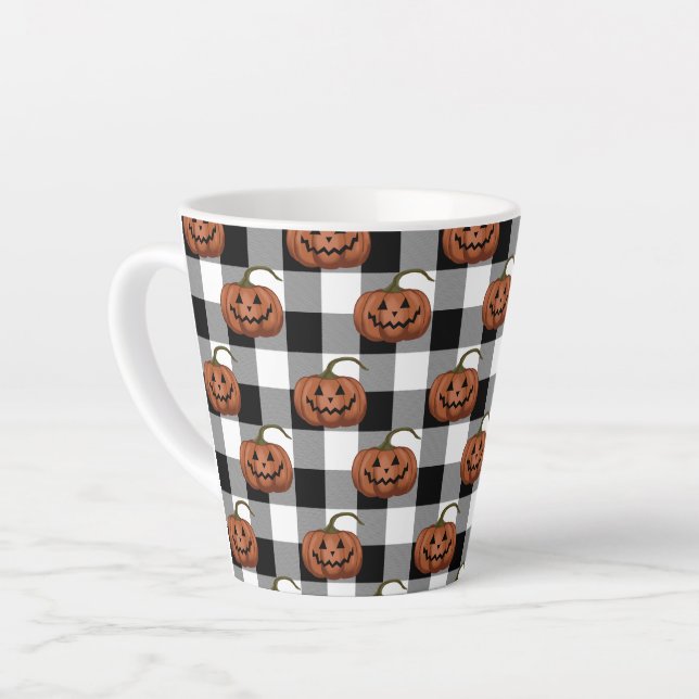 Jack O Lanterns on Buffalo Check, Halloween Latte Mug (Left Angle)