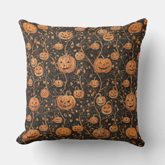 Jack-o-Lanterns on the Vine Throw Pillow (Front)