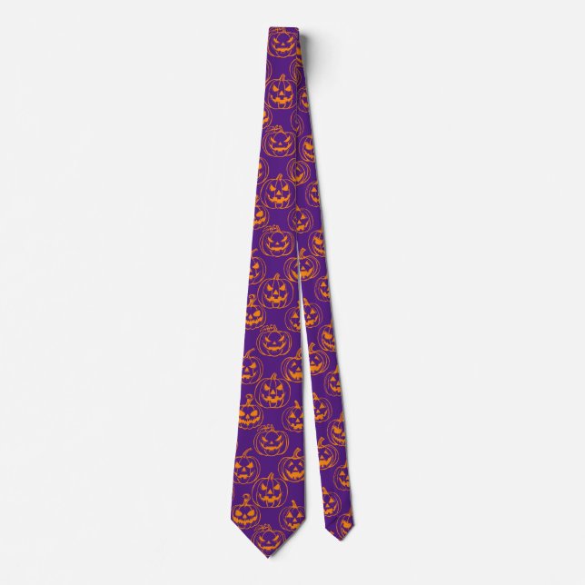 Jack-o-lanterns Pattern.Orange D Purple BG Tie (Front)