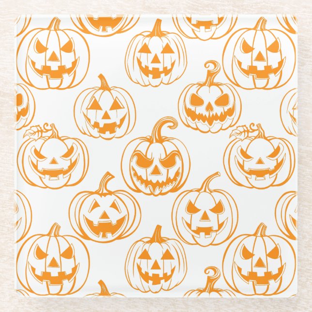 Jack-o-lanterns Pattern.Orange Glass Coaster (Front)