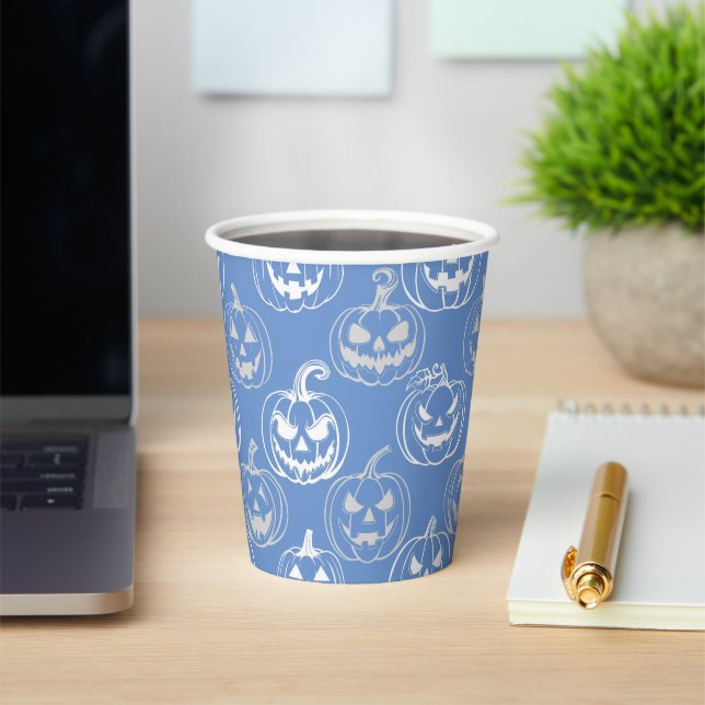 Jack-o-lanterns Pattern.White L blue BG Paper Cups (Insitu)