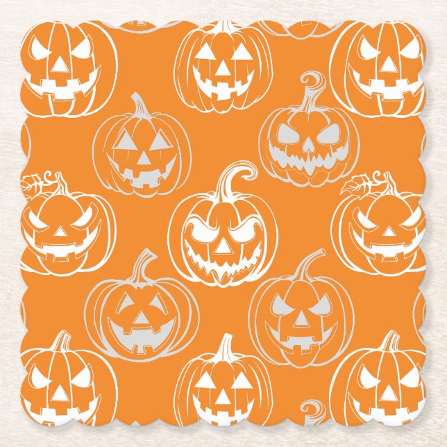 Jack-o-lanterns Pattern.White Orange BG Paper Coaster (Front)