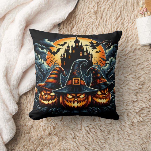 Jack-o'-lanterns shine under moonlight throw pillow (Blanket)
