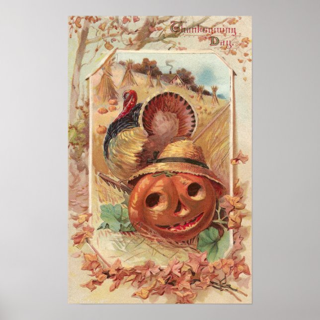 Jack O'Lantern and Turkey Vintage Thanksgiving Poster (Front)