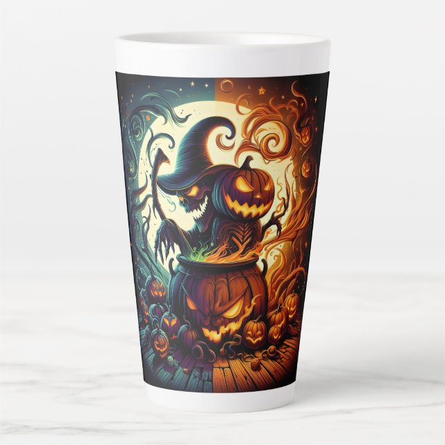 Jack-o'lantern and Witch Skeleton Latte Mug (Front)