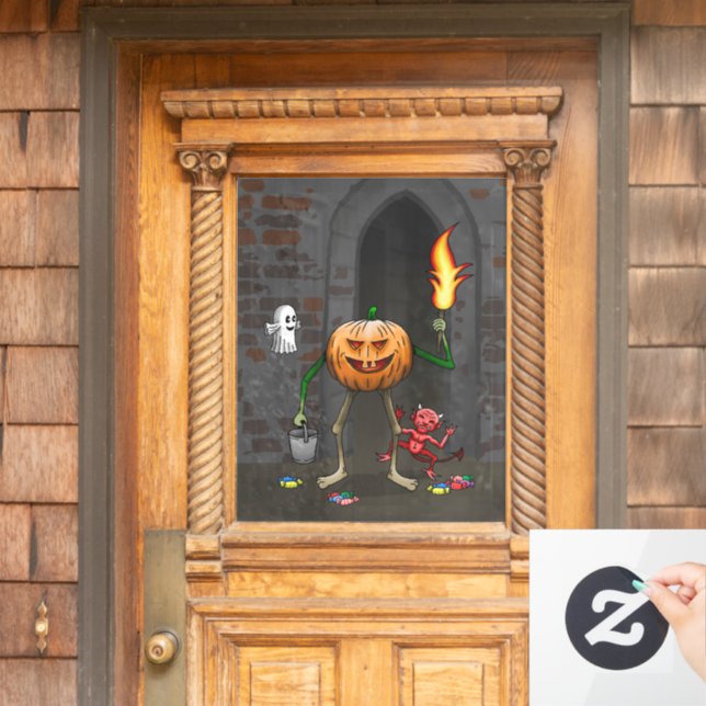 Jack O'lantern is trick or treating Window Cling (Home Door)