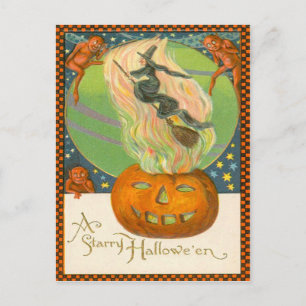 Jack O'Lantern Pumpkin Witch Fire Demon Postcard