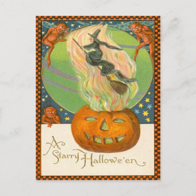 Jack O'Lantern Pumpkin Witch Fire Demon Postcard (Front)