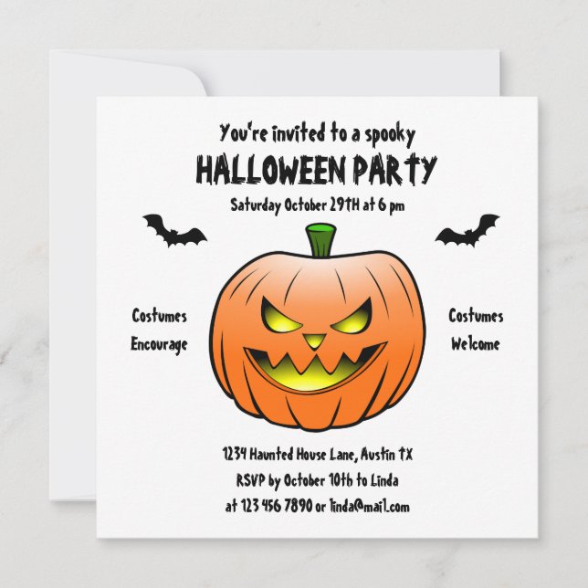 Jack o'lantern with Bats and Spiders Invitation (Front)